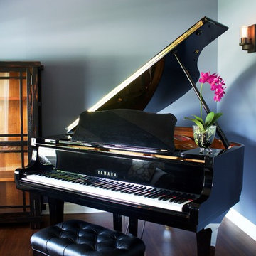 Piano Room with Edison Bulb Chandelier, sconces ft. Nearly Natural Phalaenopsis