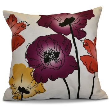 Poppies Floral Print Pillow, Purple, 16"x16"