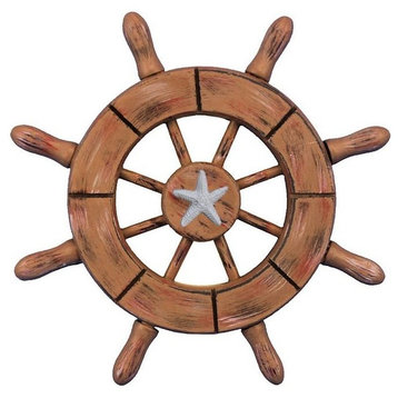 Rustic Wood Finish Decorative Ship Wheel With Starfish 6'', Boat Wheel