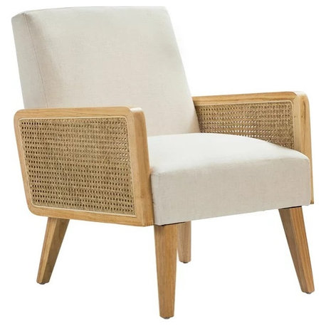 Rattan Armrest Accent Chair with Fabric Upholstery for Living Room or Bedroom, Linen