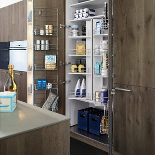 Mid-sized contemporary kitchen pantry designs - Kitchen pantry - mid-sized contemporary dark wood floor kitchen pantry idea in Frankfurt with flat-panel cabinets and dark wood cabinets