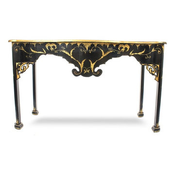 Black lacquered Asian console with beautiful gold decorative and scenic painting