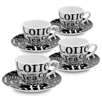 Coffee Bar #8a, Writing on Black Coffee Cups and Saucers, 8-Piece Set
