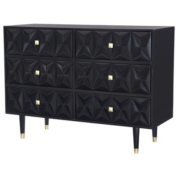 Modern Double Dresser, 6 Drawers With Geometric Patterned Front, Gold/Black