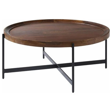 Industrial Coffee Table, Crossed Metal Base and Round Wood Top With Raised Edges