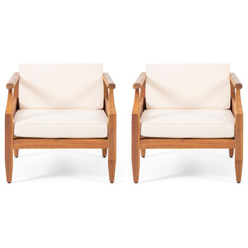 Bianca Outdoor Acacia Wood Club Chairs with Cushions, Teak Finish and Cream, Set of 2