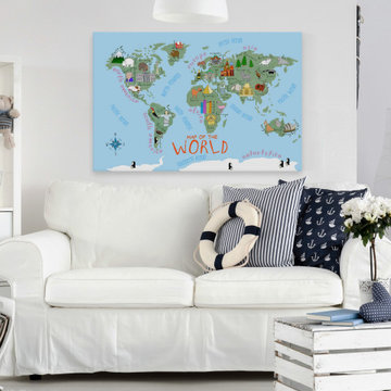 "Blue Map of the World" Painting Print on Wrapped Canvas