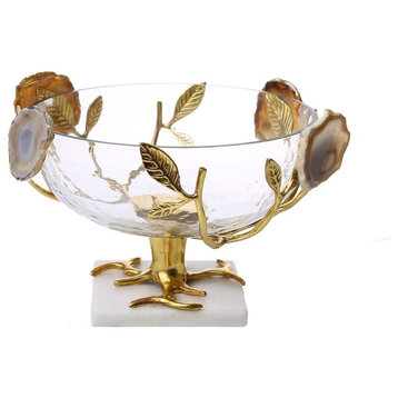 Classic Touch Glass Salad Bowl With Gold Leaf-Agate Stone Design -  15"H