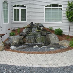 Inspiration for a large traditional backyard garden in Other with with pond.