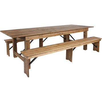 HERCULES Series 9' x 40'' Antique Rustic Folding Farm Table and Two Bench Set