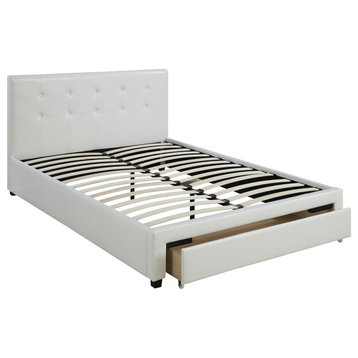 Benzara BM171696 Queen Bed With Drawer,Pu White