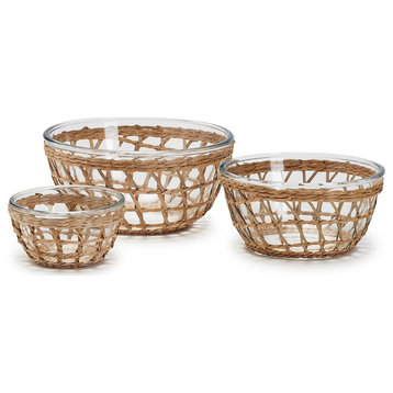 Two's Company Island Chic Set of 3 Glass Bowls with Hand-Woven Lattice