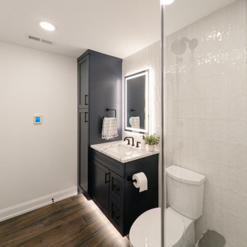 Modern Bathroom – Navy Vanity – Linen Tower