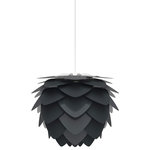 UMAGE - Aluvia Plug-In Pendant, Anthracite/White, Mini - Modern. Elegant. Striking. The VITA Aluvia is an artistic assemblage of 60 precision-cut aluminum leaves, overlapping each other on a durable polycarbonate frame. These metal leaves surround the light source, emitting glare-free, ambient light.  The underside of each leaf is painted white for increased light reflection, and the exterior is finished in one of two different colors: subtle Pearl or dramatic Anthracite. Available in two sizes, the Medium (18.9"H x 23.3"W) can be used as a pendant or hanging wall lamp, while the Mini (11.8"H x 15.7"W) is available as a pendant, table lamp, floor lamp or hanging wall lamp. Hang it over the dining table, position it in a corner, or use as a statement piece anywhere; the Aluvia makes an artistic impact in any room.