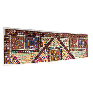 Mogul Interior - Consigned Antique Fabric, Ivory Red Mirror Banjara Embroidered Table Runner - Table Runners