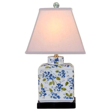 Chinese Porcelain Green Blue White Tea Caddy Floral Motif Table Lamp 20"