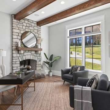 Luxury Modern Farmhouse Lower Level with Stone Fireplaces & Pool Views
