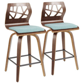 Folia Mid-Century Modern Counter Stool in Walnut Wood and Teal Fabric - Set of 2