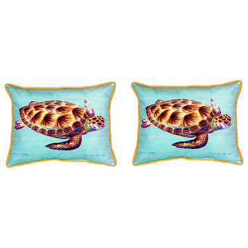 Pair of Betsy Drake Green Sea Turtle Large Indoor/Outdoor Pillows 16 In. X 20 I