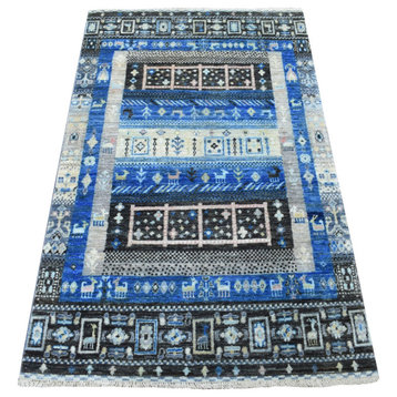 Blue Folk Art Kashkuli Gabbeh Hand-Knotted Natural Wool Nomad Rug, 2'10" x 4'10"