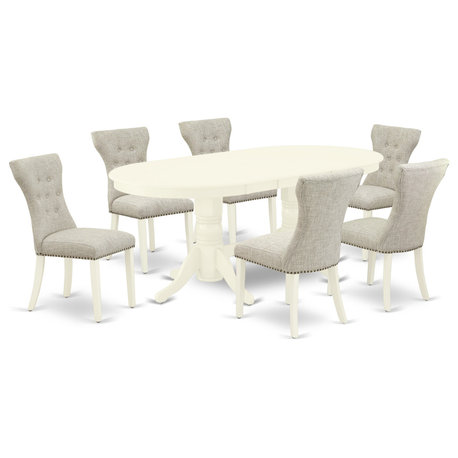 7-Piece Set, 6 Chairs and Table Hardwood, High Back and Linen White