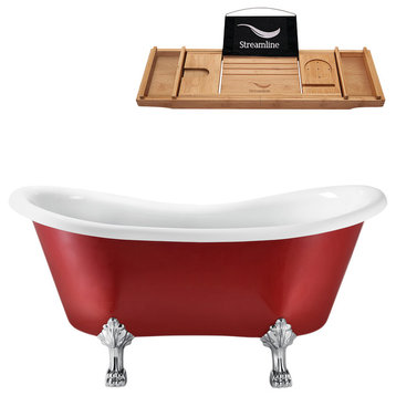 62" Red Clawfoot Tub and Tray, Chrome Feet, Chrome Internal Drain