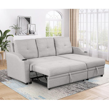 Modern L-Shaped Sleeper Sofa, Padded Seat & Sloped Arms With Cupholders, Gray
