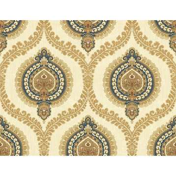 Medallion Ogee Wallpaper in Navy Gold IM71202 from Wallquest