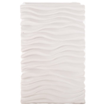 Ceramic Tall Vase with Embossed Wave Pattern Design Matte White Finish, Small