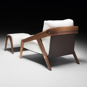 Italian Designer Contemporary Walnut Arm Chair and Footstool