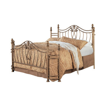 Metal Queen Headboard And Footboard With Swirling Floral Motifs, Antique Gold