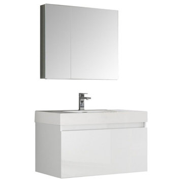 Mezzo 36" White Wall Hung Modern Bathroom Vanity, Faucet FFT3111CH