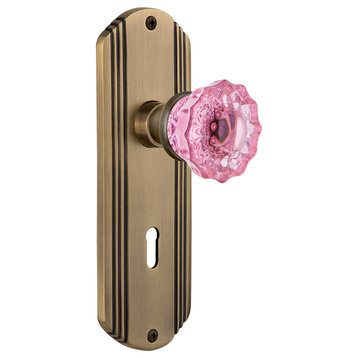 Deco Plate Interior Mortise Crystal Pink Glass Door Knob, Antique Brass