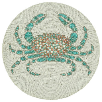 Crab Beaded Design Table Placemats, Set of 4, Aqua, 15"