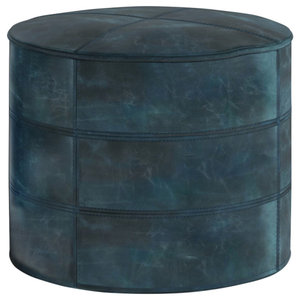 Simpli Home Kearney Transitional Round Pouf in Distressed Brown Faux Leather