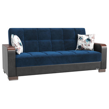 Modern Sleeper Sofa, Wood Accented Arms, Turquoise Microfiber/Black Leatherette