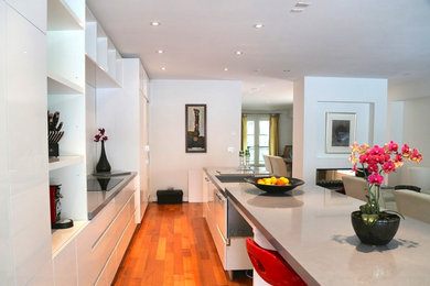 Inspiration for a contemporary single-wall medium tone wood floor and brown floor eat-in kitchen remodel in Toronto with an undermount sink, flat-panel cabinets, white cabinets, an island, quartz countertops and paneled appliances