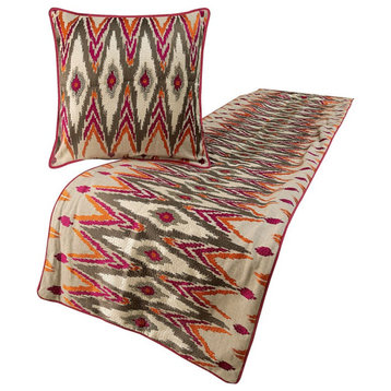 King 90"x18" Bed Throws Runner & Pillow Cover Beaded Cotton Linen, My Ikat Love