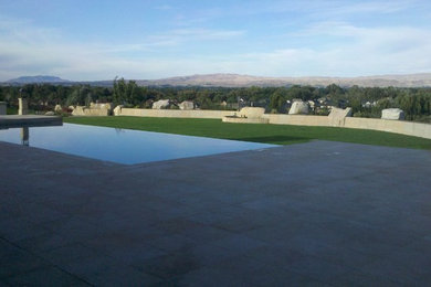 This is an example of a large contemporary backyard rectangular infinity pool in Boise with tile.