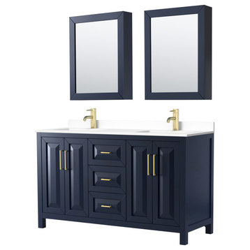 60, Double Vanity, Dark Blue, White Marble Top, SQ Sinks, Medicine Cabinets