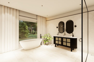 Large contemporary cream and black ensuite wet room bathroom in Other with a freestanding bath, a wall mounted toilet, black and white tiles, porcelain tiles, porcelain flooring, marble worktops, white floors, an open shower, white worktops, feature lighting, double sinks, a freestanding vanity unit and a drop ceiling.