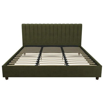 Modern King Size Platform Bed, Linen Upholstery & Ribbed Tufted Headboard, Green