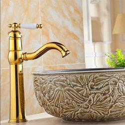 Naxos Gold Finish Tall Sink Faucet with Hot & Cold Water Mixer - Bathroom Sink Faucets