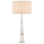Currey & Company - Alabastro Table Lamp - Stacked alabaster creates an obelisk shape to make our Alabastro Table Lamp luxurious. Its designer Tom Caldwell calls it a simply elegant shape in translucent stone that is beautifully veined. This white marble lamp is topped with a natural linen shade.