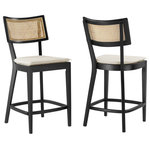 Modway - Caledonia Wood Counter Stools - Set of 2 - Black Beige - The Caledonia Set of Two Counter Stools blends classic design features with contemporary comfort. Each kitchen counter stool is constructed with a robust elm wood frame and has a seat made from strong plywood. The gently curved rattan backrest gives a nod to classic wicker styles, enhancing the stool chair with an element of natural appeal. For comfort, these padded counter stools are outfitted with a foam-filled cushion and fabric upholstery, offering a warm and inviting perch, and include a sturdy footrest for added support. Beyond their stylish appearance, the Caledonia wood counter stools set of 2 are crafted for convenience. The fabric seat cushion has a French seam and is removable, facilitating effortless cleaning, while the washable cover helps contribute to maintaining lasting freshness. Protection for your floors is thoughtfully considered with non-marking foot pins on each leg to prevent scratches and wear. With a seat height of 26.8 inches, these kitchen counter stools are ideally suited for kitchen islands, dining counters, and social settings. Whether you're enjoying a morning coffee or hosting a dinner, this rattan counter chair set of 2 is versatile enough to cater to any occasion. Assembly required. Weight Capacity: 331 lbs.Set Includes:Two - Caledonia Counter Stools - Set of 2