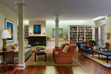 Huge transitional living room photo in Philadelphia with white walls, a standard fireplace and a stone fireplace