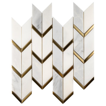 Chevron White and Gold Metal Stainless Steel Polished Marble Tile (10 sheets)