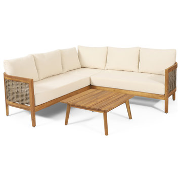 The Crowne Outdoor Acacia Wood and Round Wicker 5 Seater Sectional Sofa Chat Set