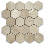 Stone Center Online - Crema Marfil Marble 3 inch Hexagon Mosaic Tile Polished, 1 sheet - Crema Marfil Marble 3" (from point to point) hexagon pieces mounted on a sturdy mesh tile sheet