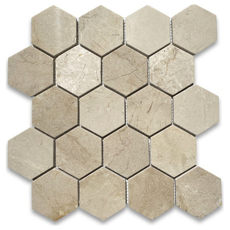 Crema Marfil Marble 3 inch Hexagon Mosaic Tile Polished, 1 sheet